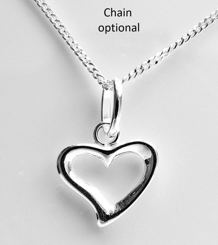 Sterling silver 11mm open heart pendant, with/out 16" or 18" fine curb chain, in a gift box