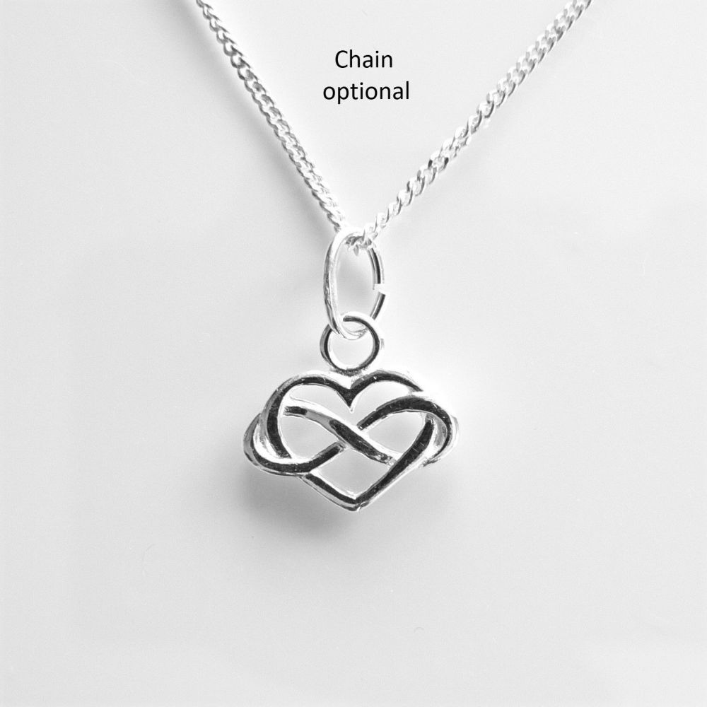 Sterling silver 11mm infinity heart pendant, with/out 16" or 18" fine curb chain, in a gift box, with silver polishing cloth