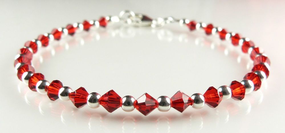 Sterling silver & 4mm bicone Preciosa Czech crystal bracelet  (Light Siam red)