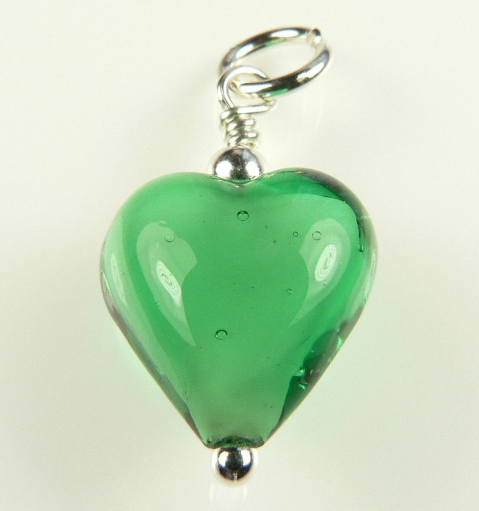 With/out chain, sterling silver & 12mm (+/-) Murano glass heart pendant, in a gift box (Emerald White Core)