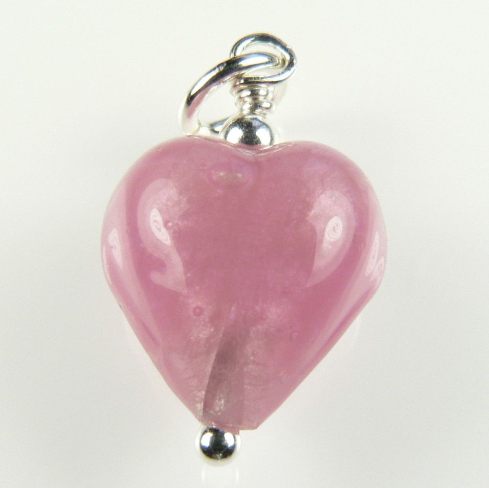 With/out chain, sterling silver & 12mm (+/-) Murano glass heart pendant, in a gift box (Soft Rose Satin White Gold Foiled)