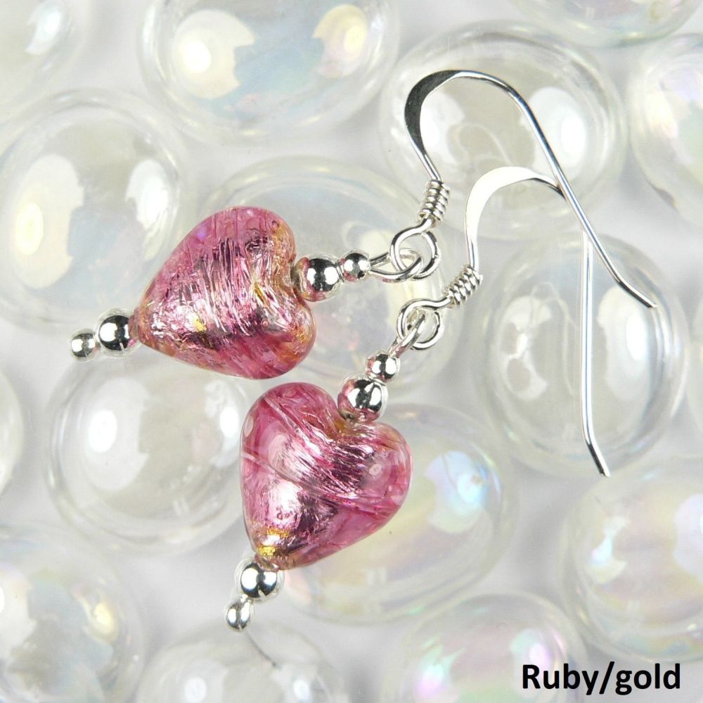 2 colour options - sterling silver & 10mm (+/-) Murano glass heart earrings in a gift box