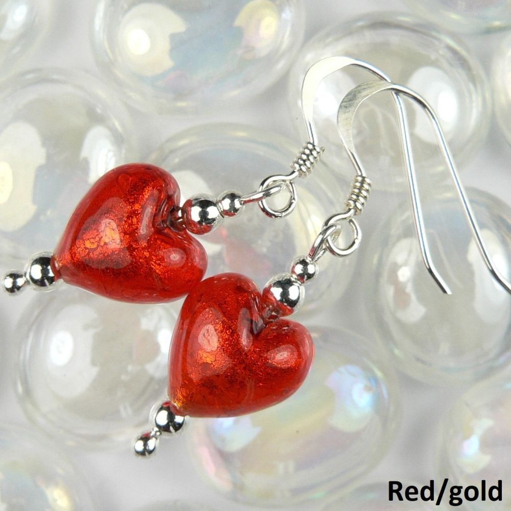 2 colour options - sterling silver & 10mm (+/-) Murano glass heart earrings in a gift box