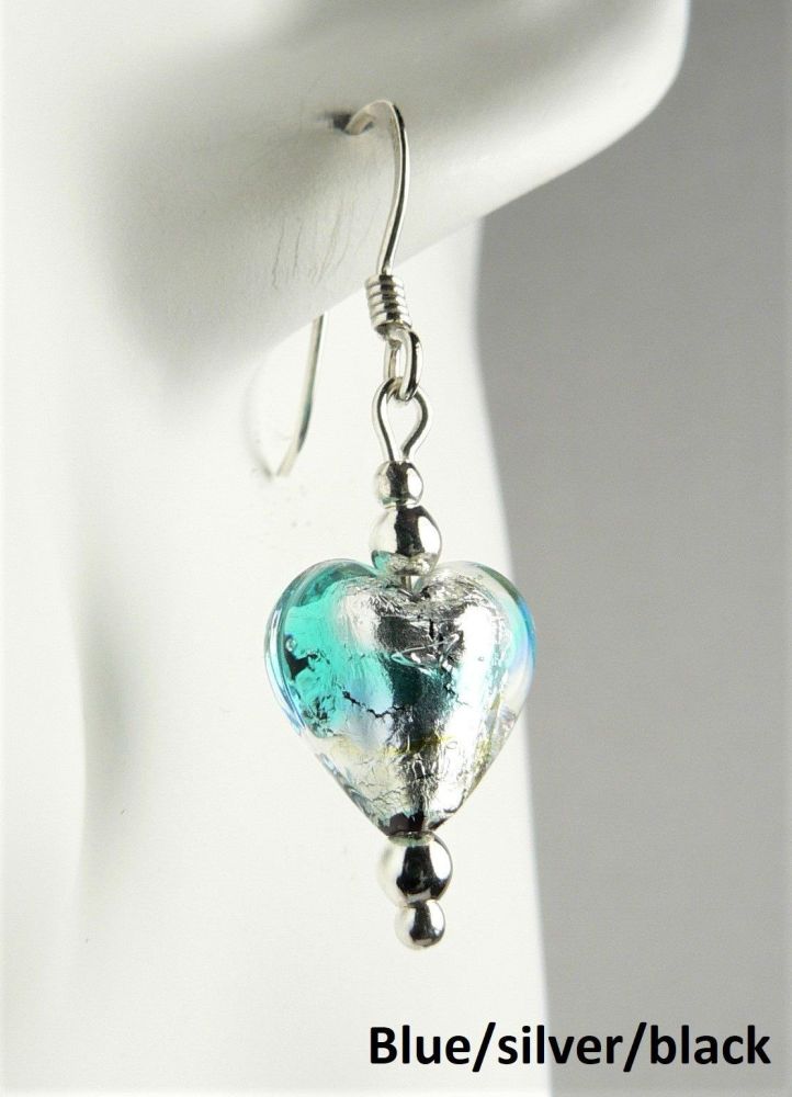 2 colour options - sterling silver & 10mm (+/-) Murano glass heart earrings in a gift box