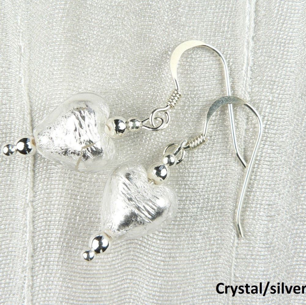 2 colour options - sterling silver & 10mm (+/-) Murano glass heart earrings in a gift box