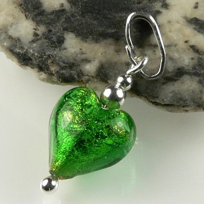 Sterling silver & 10mm (+/-) Murano glass heart pendant, with/out a chain, in a gift box (Green/Gold)