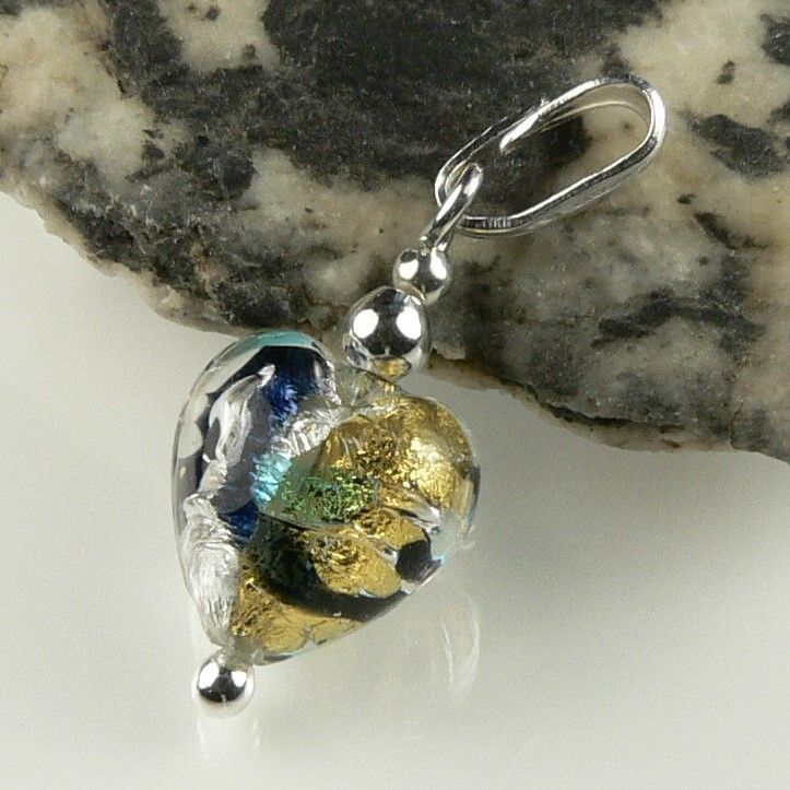 With/out chain, sterling silver & 10mm (+/-) Murano glass heart pendant, in a gift box (Black/Blue/Silver/Gold)