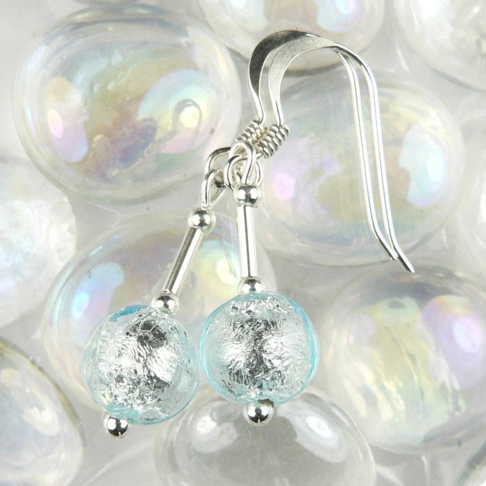 Sterling silver & 8mm (+/-) Murano glass drop earrings in a gift box (Pale Blue/Silver)