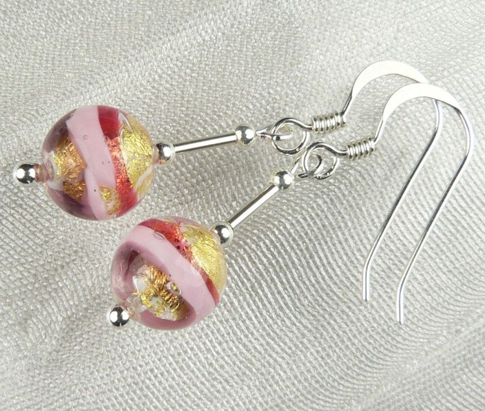 Sterling silver & 8mm (+/-) Murano glass drop earrings in a gift box (Pink/Gold)