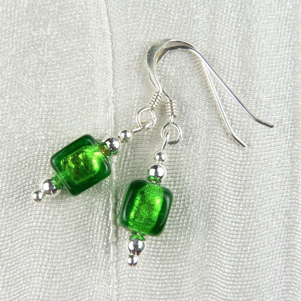 Sterling silver & 6mm (+/-) Murano glass cube earrings in a gift box (Green/gold)