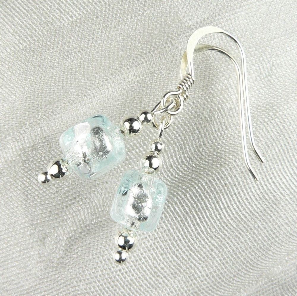 Sterling silver & 6mm (+/-) Murano glass cube earrings in a gift box (Pale Blue/Silver)