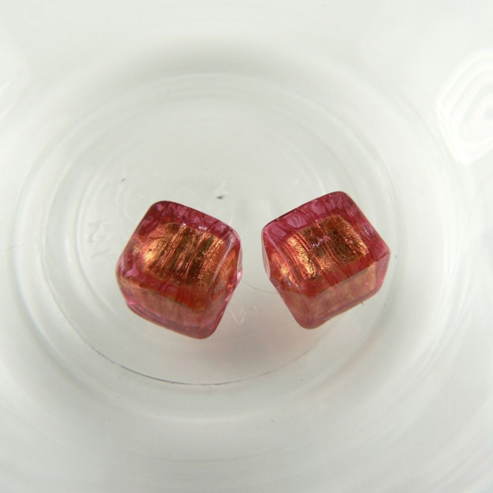 Sterling silver & 6mm (+/-) Murano glass cube earrings in a gift box (Orange-ish/Gold)