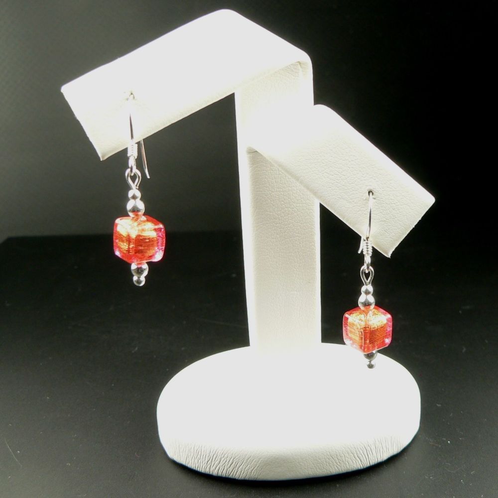 Sterling silver & 6mm (+/-) Murano glass cube earrings in a gift box (Orange-ish/Gold)