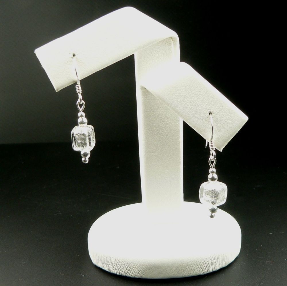 Sterling silver & 6mm (+/-) Murano glass cube earrings in a gift box (Crystal/Silver)