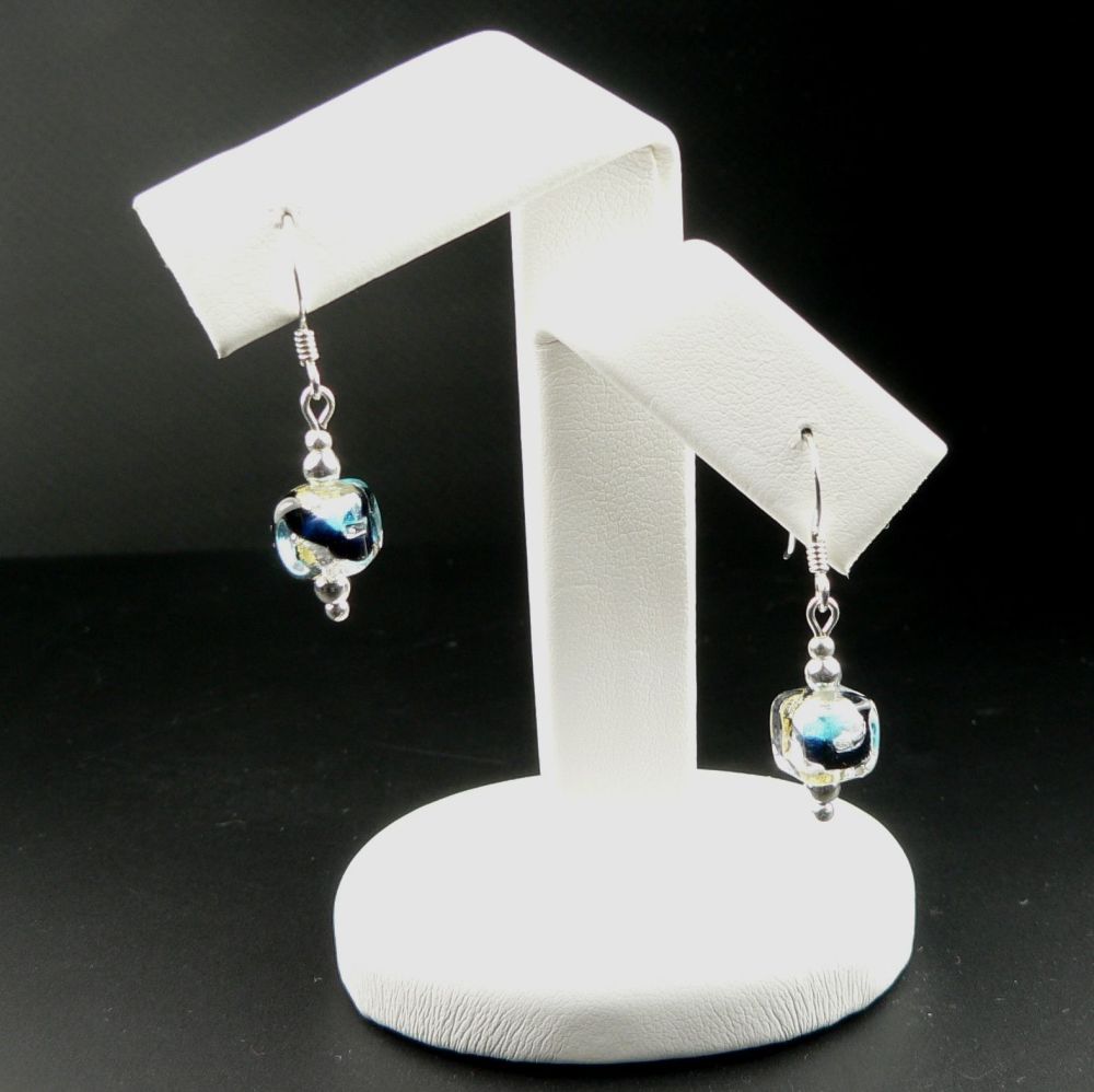 Sterling silver & 6mm (+/-) Murano glass cube earrings in a gift box (Black/Blue/Silver/Gold)