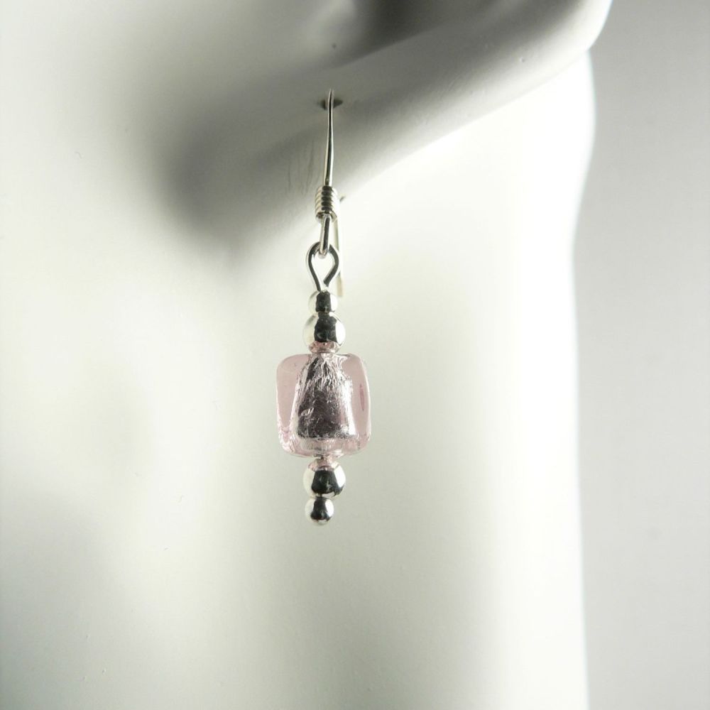 Sterling silver & 6mm (+/-) Murano glass cube earrings in a gift box (Pale Rose/Silver)