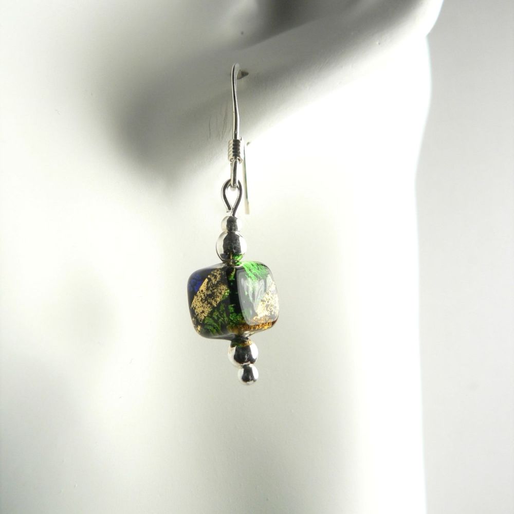 Sterling silver & 6mm (+/-) Murano glass cube earrings in a gift box (Orange/Gold/Blue/Green)