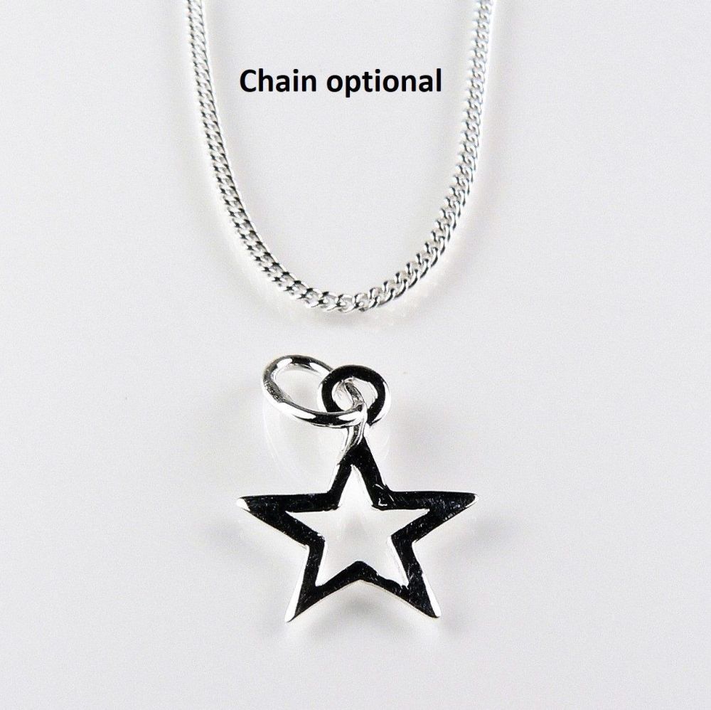 Sterling silver 10mm open star pendant, with/out 16" or 18" fine curb chain, in a gift box with silver polishing cloth