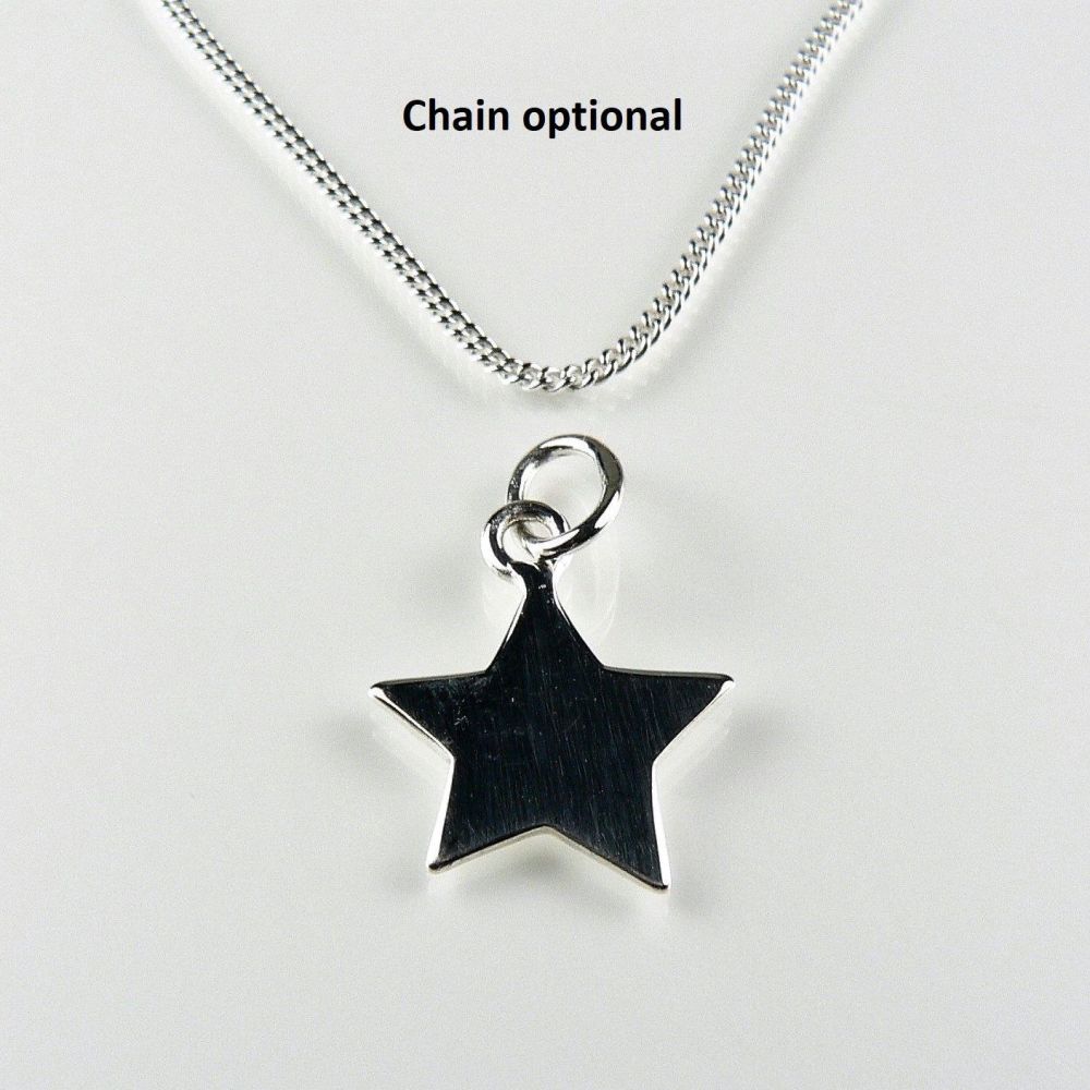 Sterling silver 10mm solid star pendant, with/out 16" or 18" fine curb chain, in a gift box, with silver polishing cloth