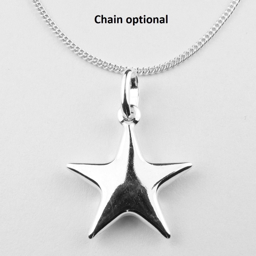 Sterling silver 15mm puffed star pendant, with/out 16" or 18" fine curb chain, in a gift box