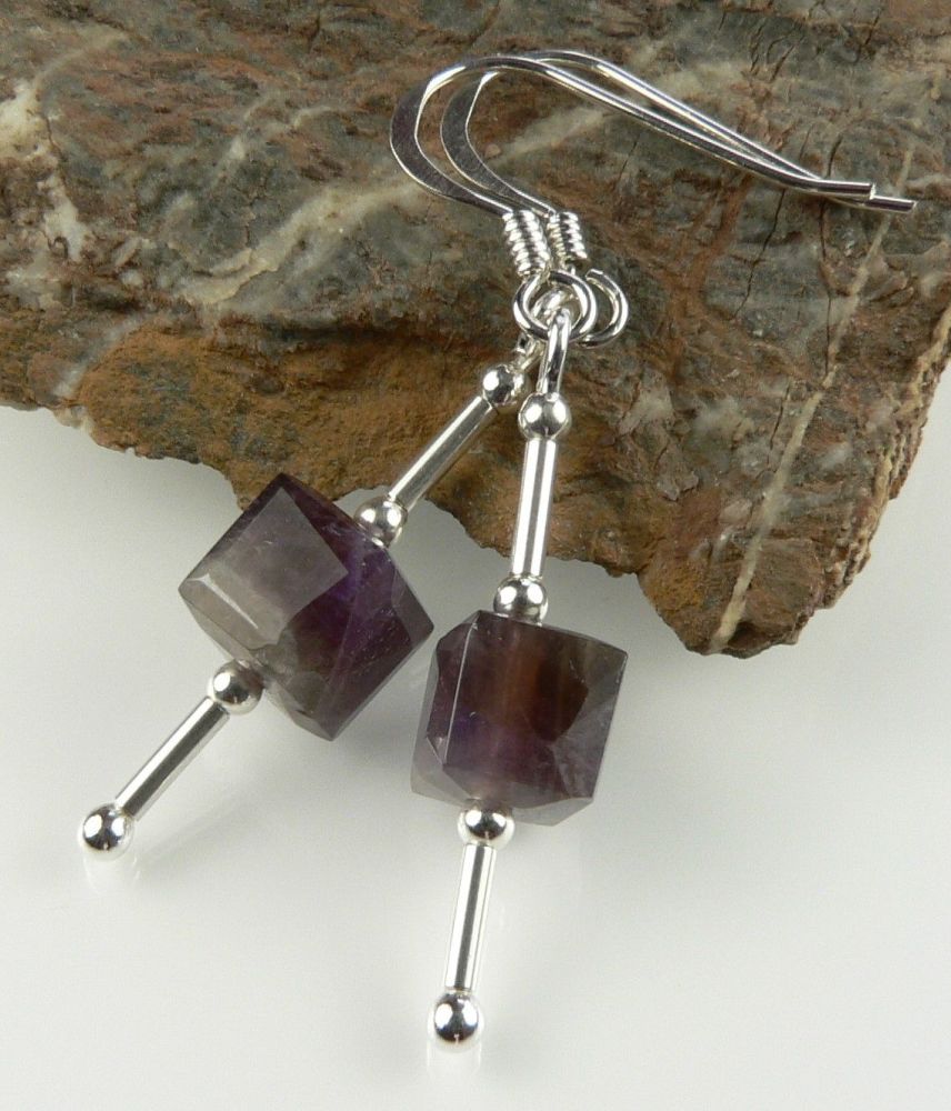 Sterling silver & 6mm (+/-) Amethyst cube semi-precious stone drop earrings, in a gift box (2M)