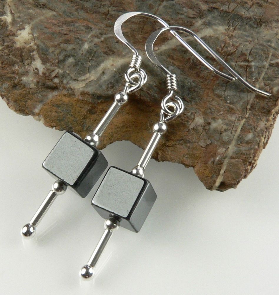 dark grey hematite cube semi precious stone earrings