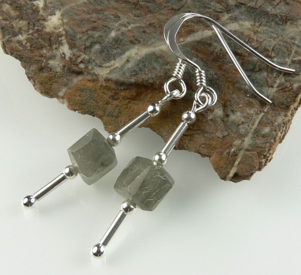 Sterling silver & 6mm (+/-) Labradorite cube semi-precious stone drop earrings, in a gift box (2M)
