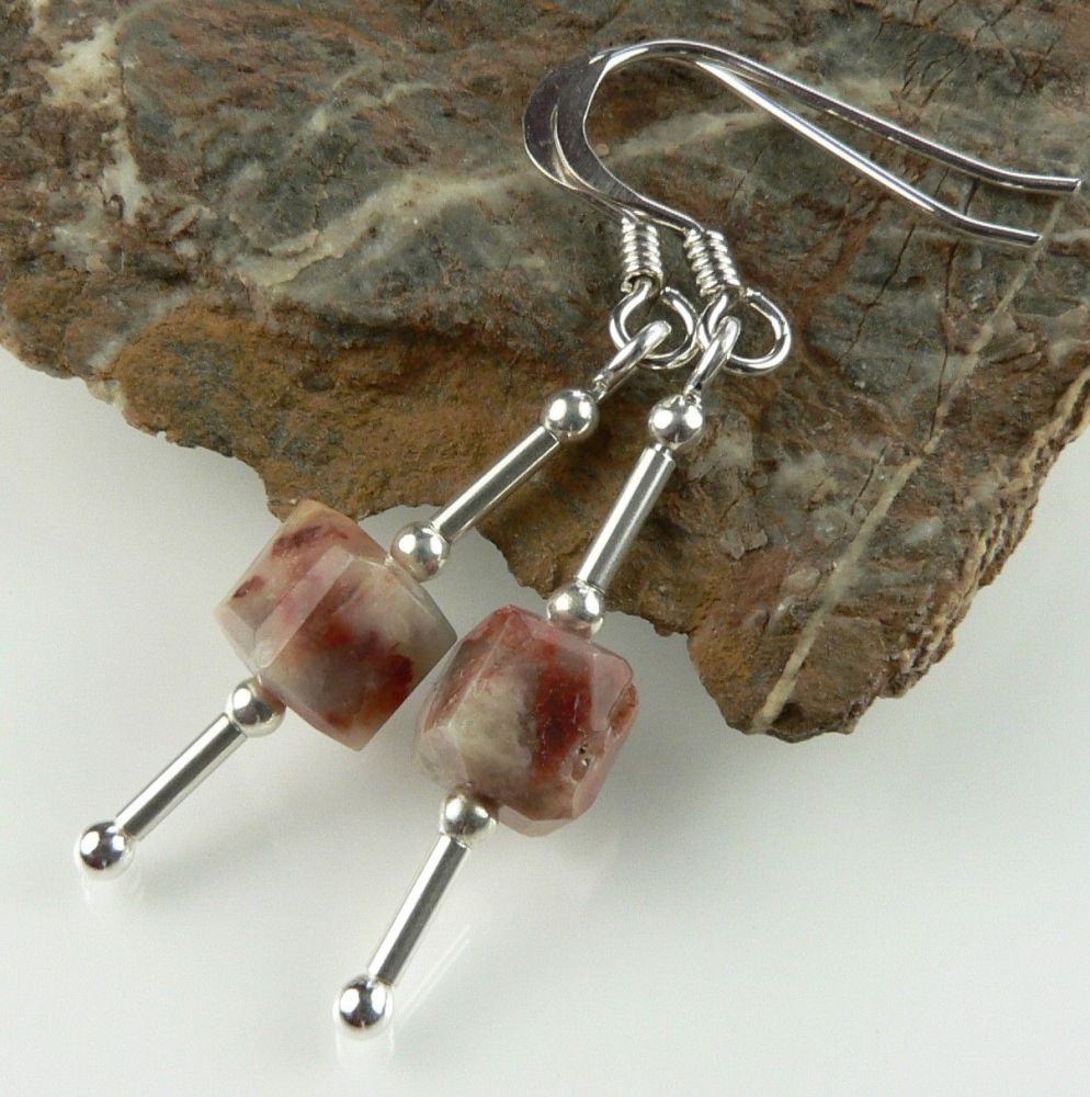 Sterling silver & 6mm (+/-) Rainbow Jasper cube semi-precious stone drop earrings, in a gift box (2M)