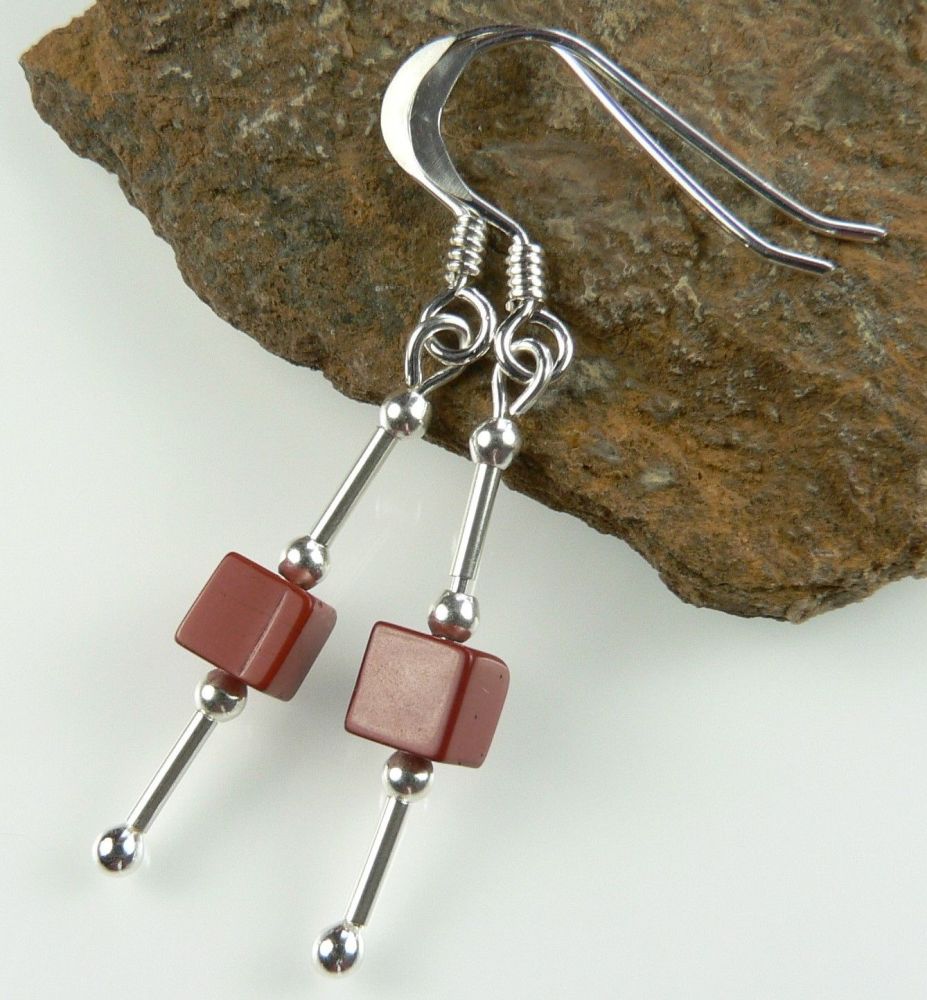 Sterling silver & 4mm (+/-) Red Jasper cube semi-precious stone drop earrings, in a gift box (2M)