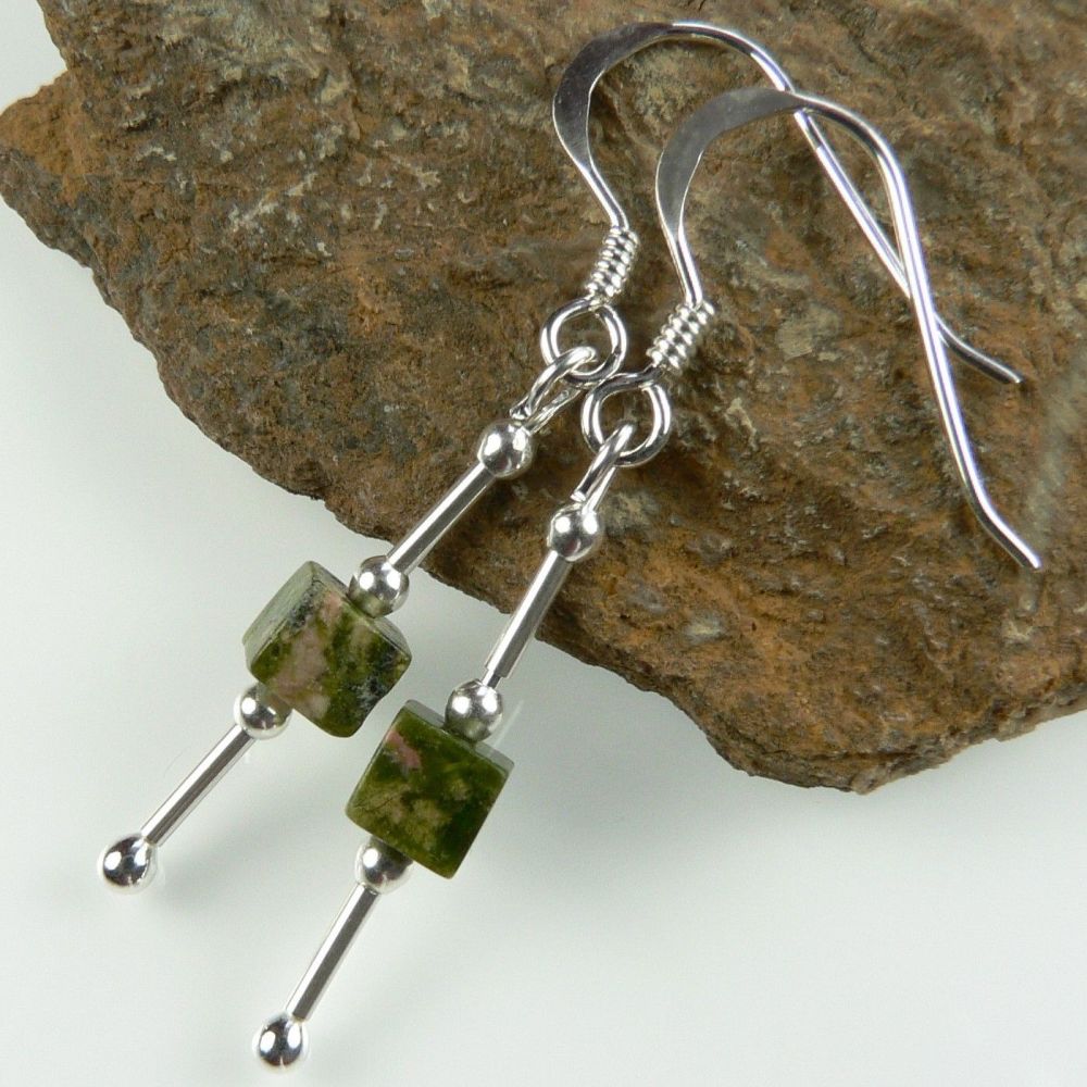 Sterling silver & 4mm (+/-) Unakite cube semi-precious stone drop earrings, in a gift box (2M)