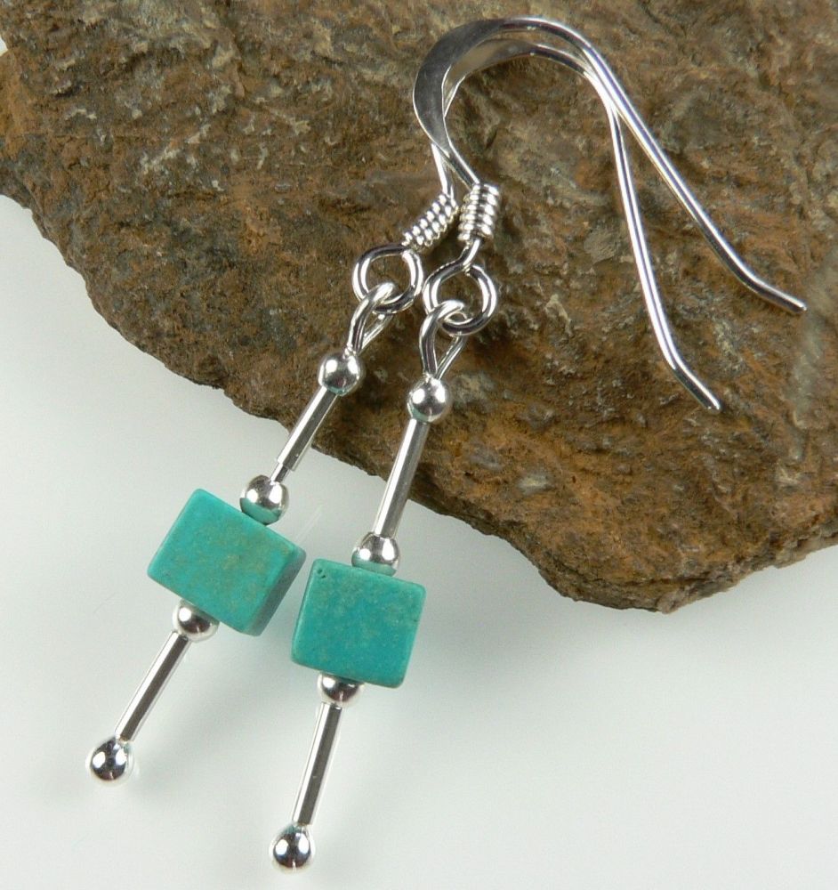 Sterling silver & 4mm (+/-) Turquoise (dyed) Howlite cube semi-precious stone drop earrings, in a gift box (2M)