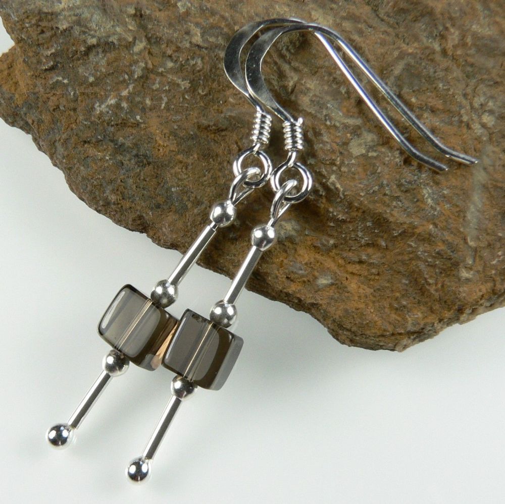 Sterling silver & 4mm (+/-) Smoky Quartz cube semi-precious stone drop earrings, in a gift box (2M)