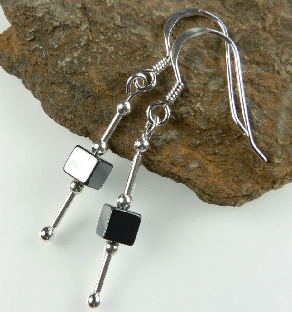 Sterling silver & 4mm (+/-) Hematite cube semi-precious stone drop earrings, in a gift box (2M)