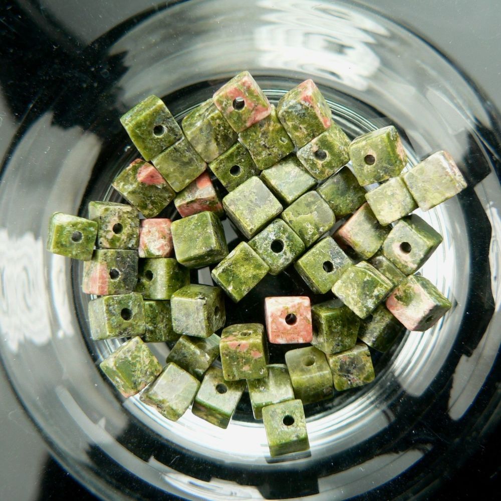 Sterling silver & 4mm (+/-) Unakite cube semi-precious stone drop earrings, in a gift box (2M)