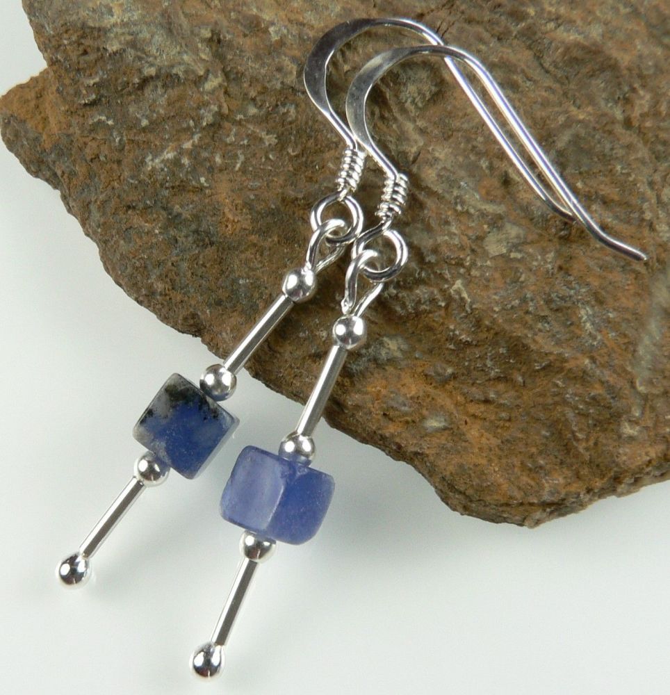 Sterling silver & 4mm (+/-) Sodalite cube semi-precious stone drop earrings, in a gift box (2M)