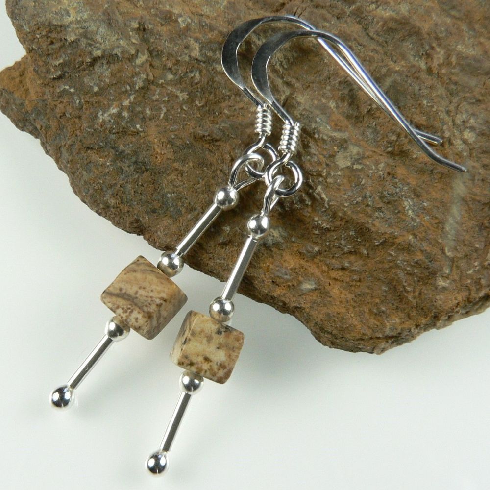 beige brown picture jasper semi precious stone earrings