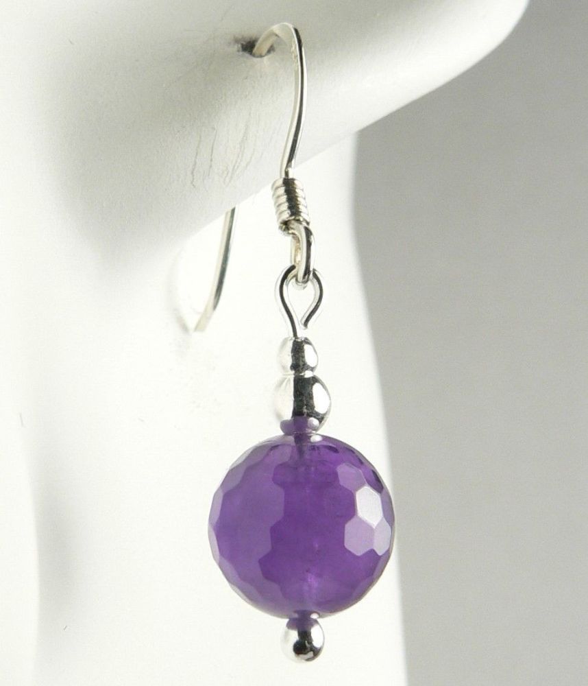 Sterling silver & 8mm (+/-) faceted Amethyst semi-precious stone drop earrings, in a gift box