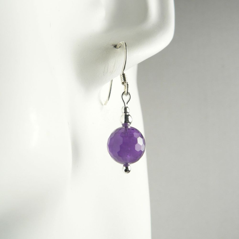 Sterling silver & 8mm (+/-) faceted Amethyst semi-precious stone drop earrings, in a gift box