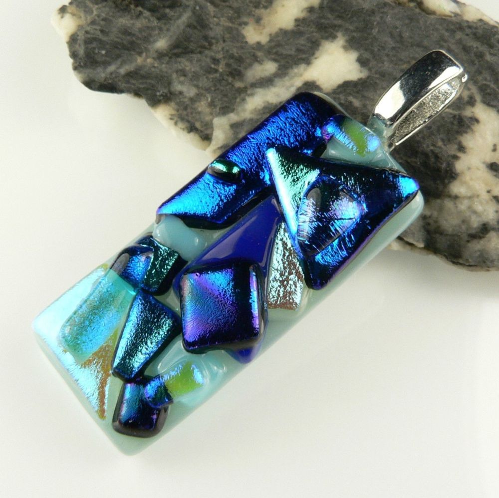 blue textured dichroic glass pendant