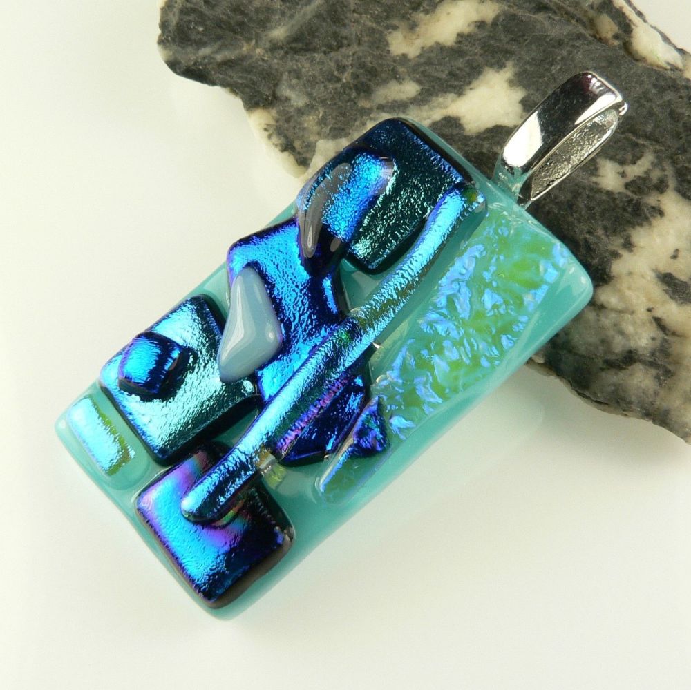 4.7cm blue textured Dichroic glass pendant, with leather cord & gift box (#30072)