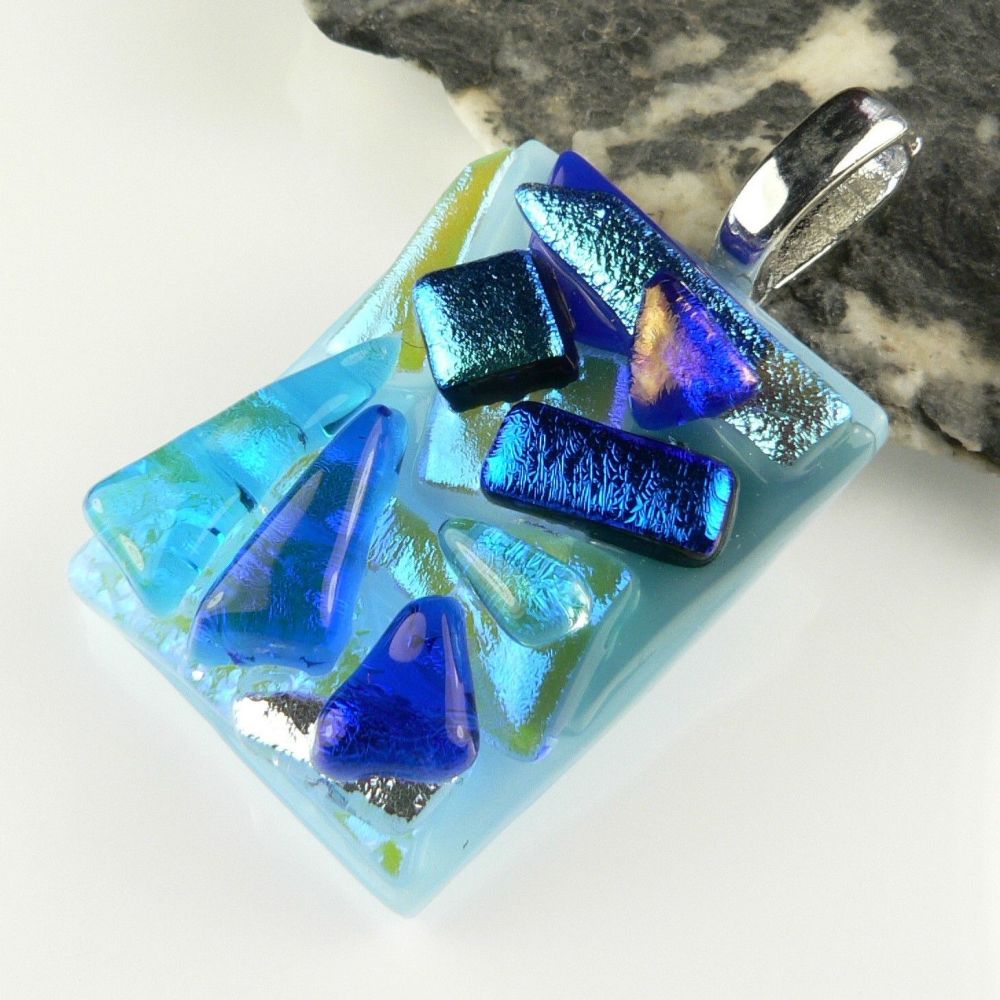 4.1cm blue textured Dichroic glass pendant, with leather cord & gift box (#30266)