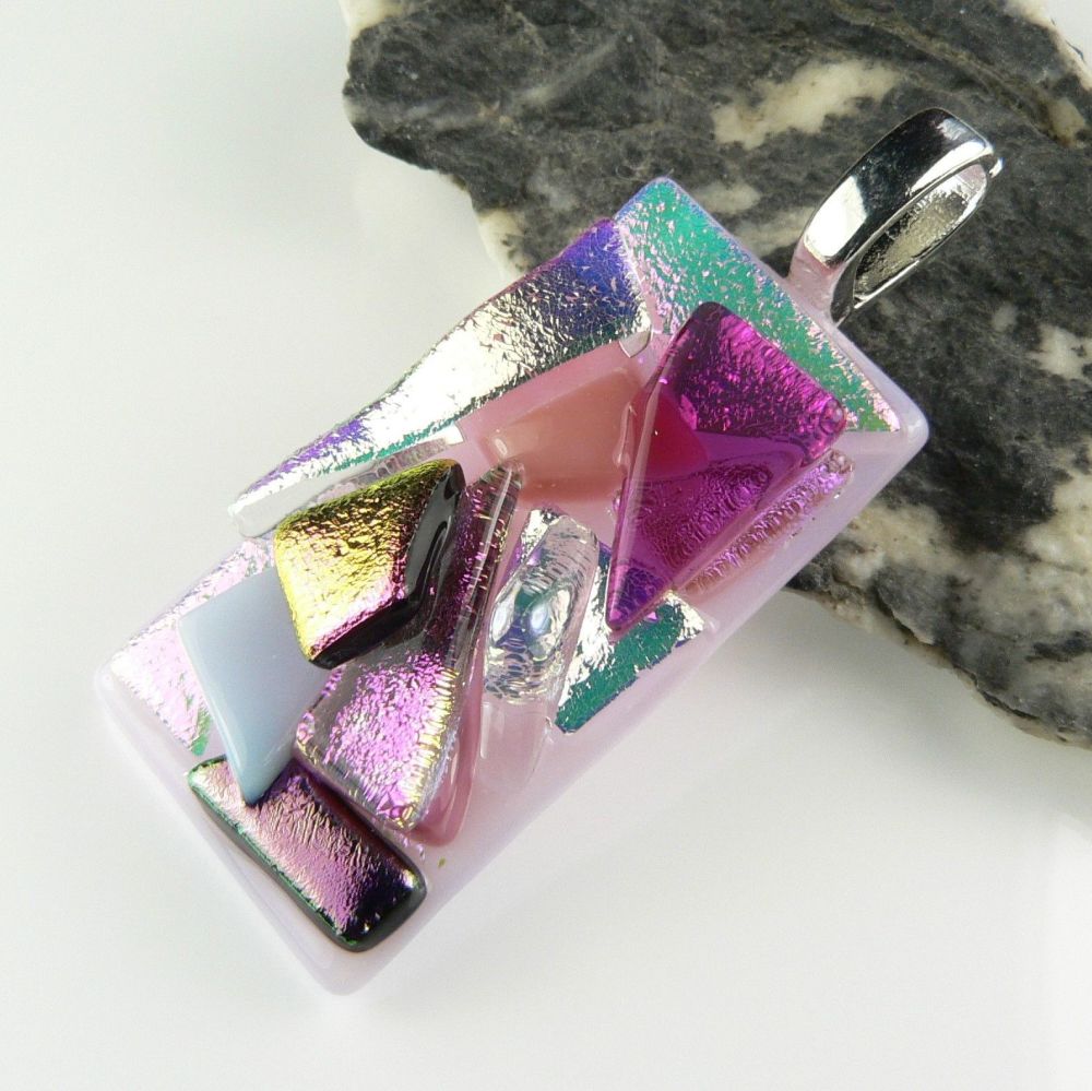 4.7cm pink textured Dichroic glass pendant, with leather cord & gift box (#30013)