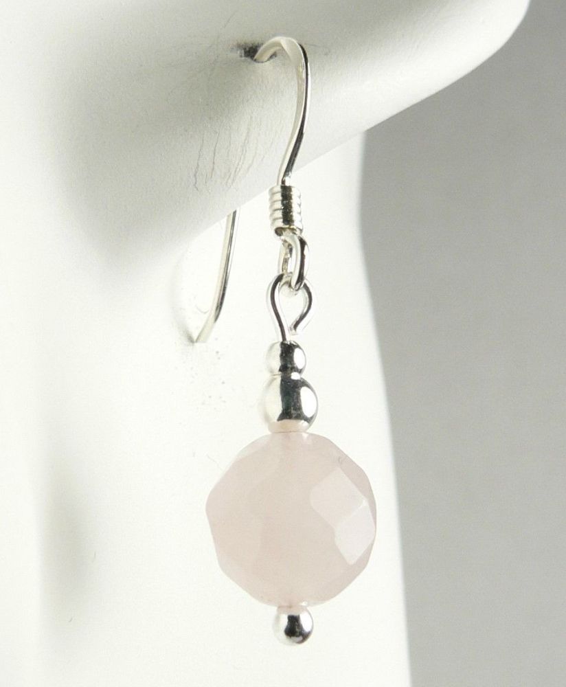 Sterling silver & 8mm (+/-) faceted Rose Quartz semi-precious stone drop earrings, in a gift box