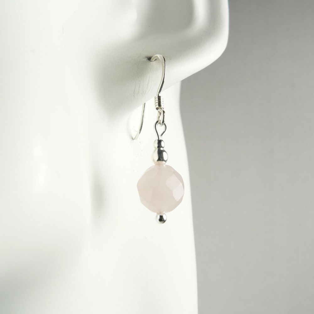 Sterling silver & 8mm (+/-) faceted Rose Quartz semi-precious stone drop earrings, in a gift box