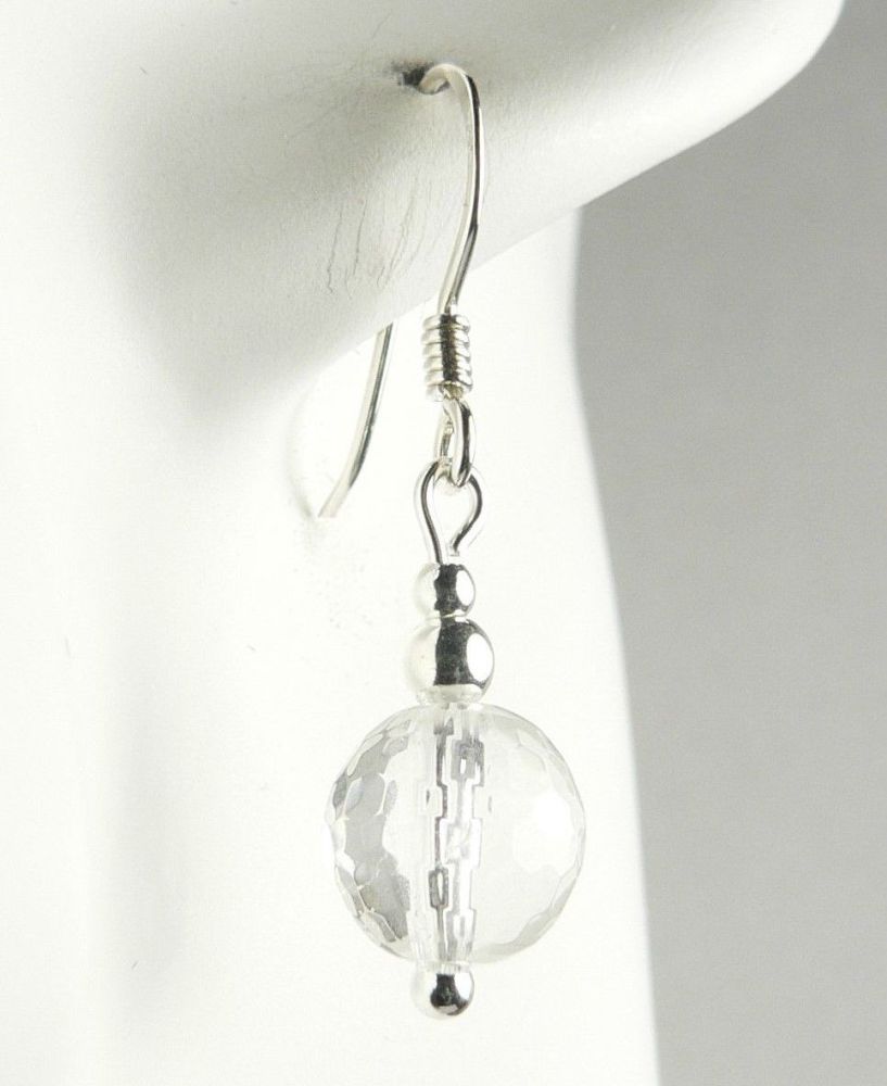 Sterling silver & 8mm (+/-) faceted Rock Crystal semi-precious stone drop earrings, in a gift box