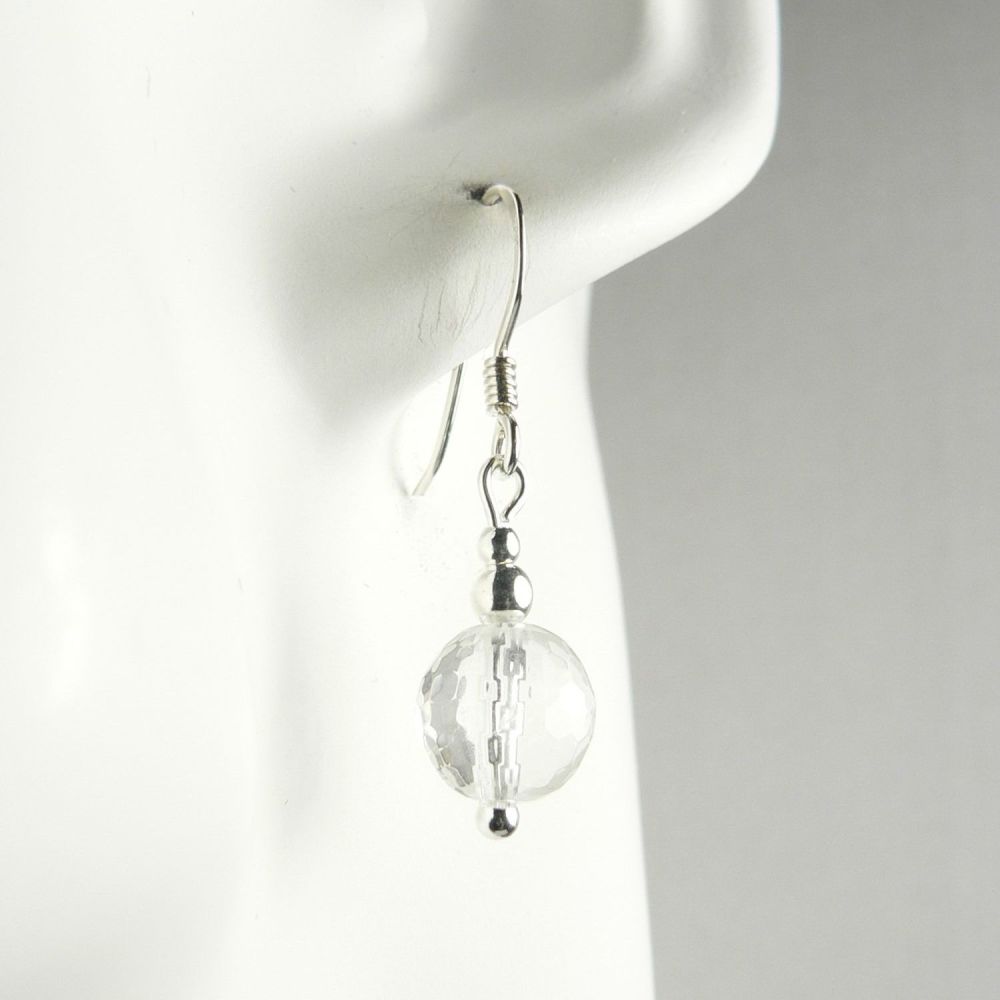 Sterling silver & 8mm (+/-) faceted Rock Crystal semi-precious stone drop earrings, in a gift box