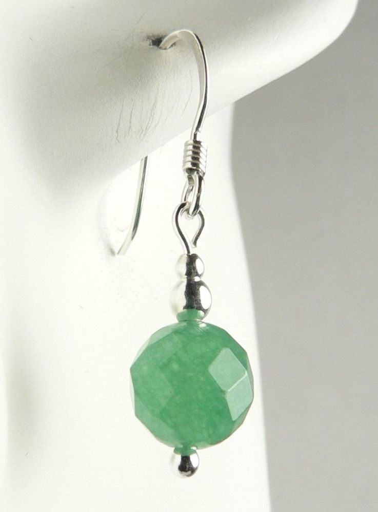 Sterling silver & 8mm (+/-) faceted Green Aventurine semi-precious stone drop earrings, in a gift box