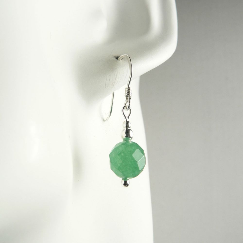 Sterling silver & 8mm (+/-) faceted Green Aventurine semi-precious stone drop earrings, in a gift box