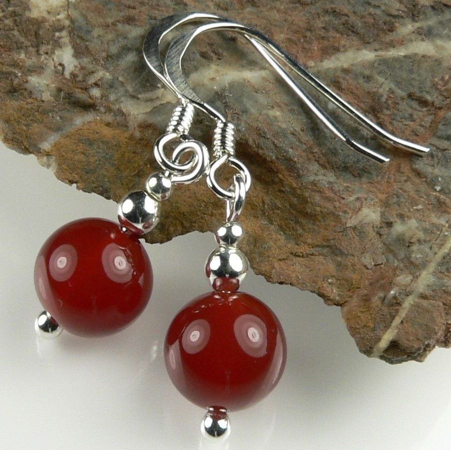 Sterling silver & 8mm (+/-) Red Agate semi-precious stone drop earrings, in a gift box