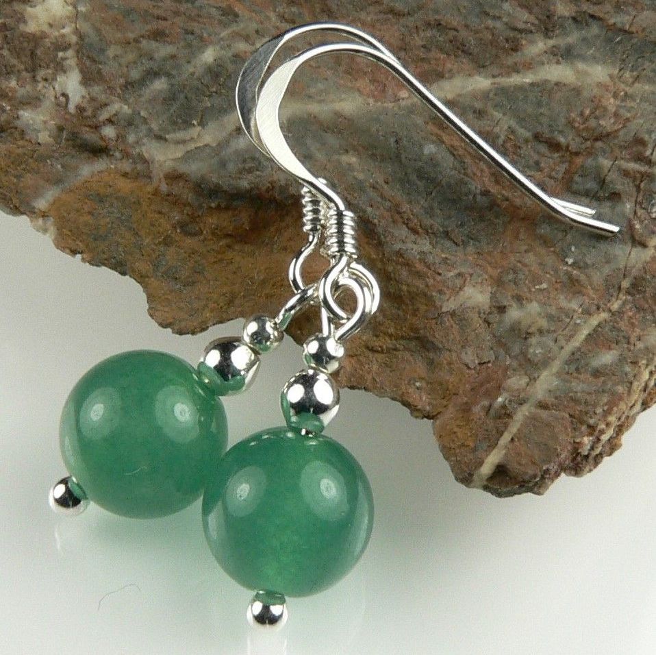 Sterling silver & 8mm (+/-) Green Aventurine semi-precious stone drop earrings, in a gift box